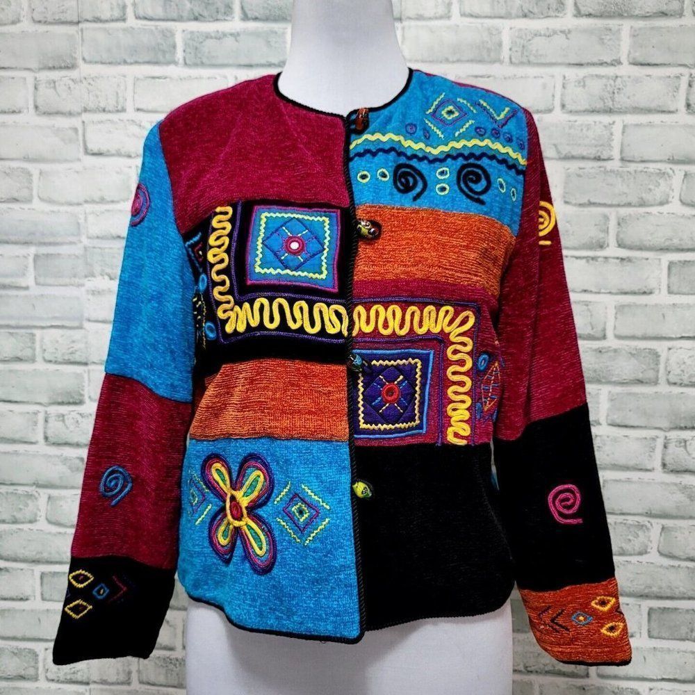 Vintage 90s‎ Drapers & Damons Womens PL Colorblock Knit Boho Embroidered Jacket